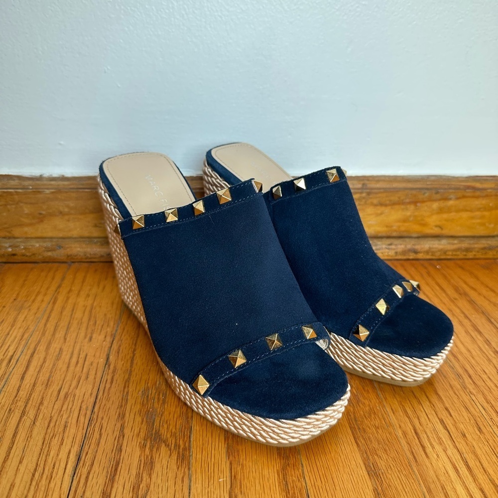 Marc Fisher Navy Wedge Heels with Gold Studs